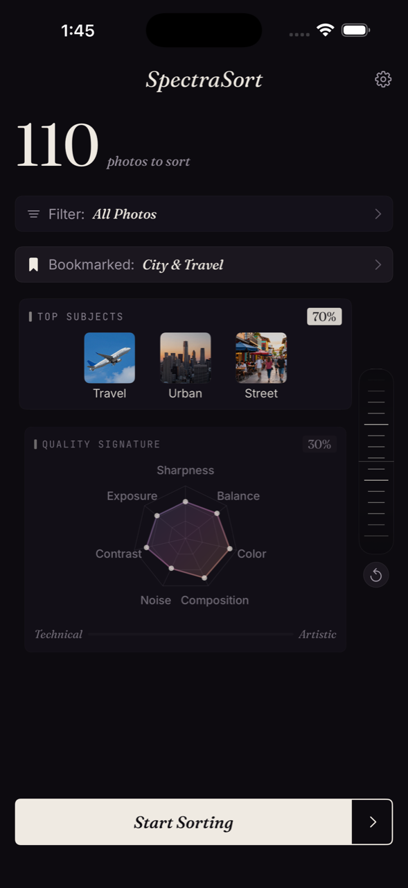 SpectraSort home screen with City & Travel profile