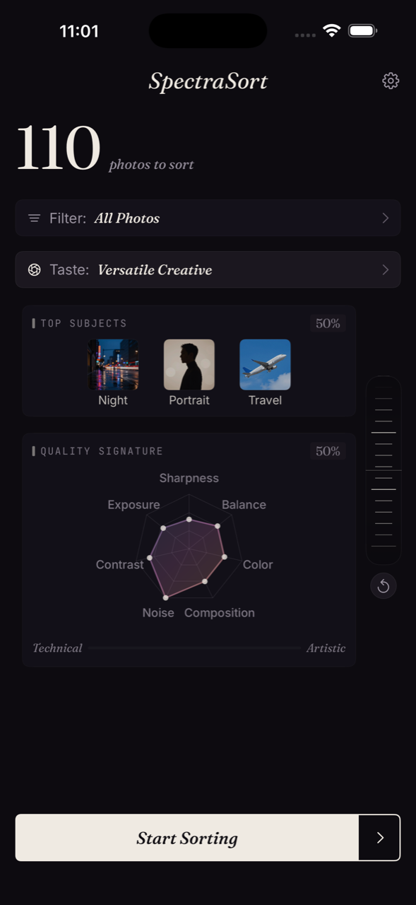 Home with the Taste profile loaded — named Versatile Creative, with custom top subjects and a unique quality signature