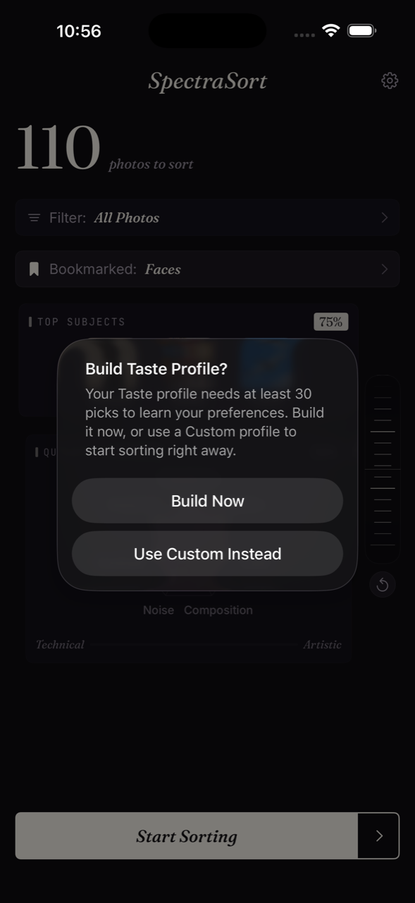 Build Taste Profile prompt — needs 30 picks and 10 discards